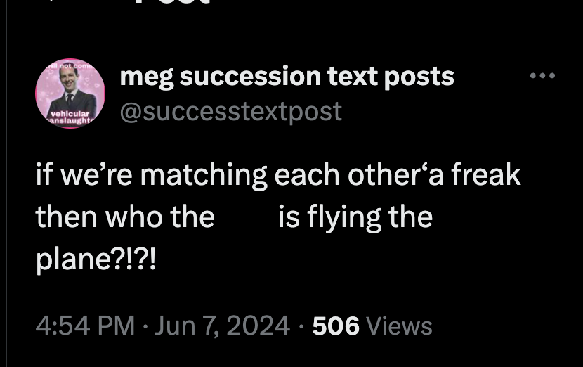 screenshot - ill not com vehicular anslaught meg succession text posts if we're matching each other'a freak then who the is flying the plane?!?! 506 Views